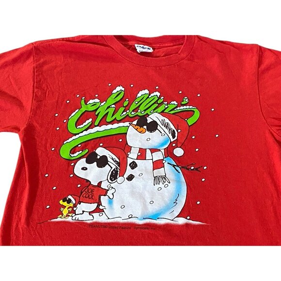 Vintage 90s Peanuts Snoopy Christmas Snowman Santa Joe Cool Shirt Small Holiday - Picture 2 of 5
